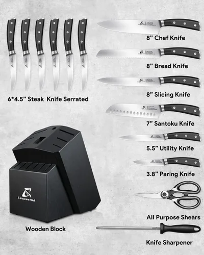 Miniatura 6 de Juego de cuchillos, juegos de bloques de cuchillos de cocina con afilador, juego de 6 cuchillos para carne ondulados con bloque, 15 piezas de Negro