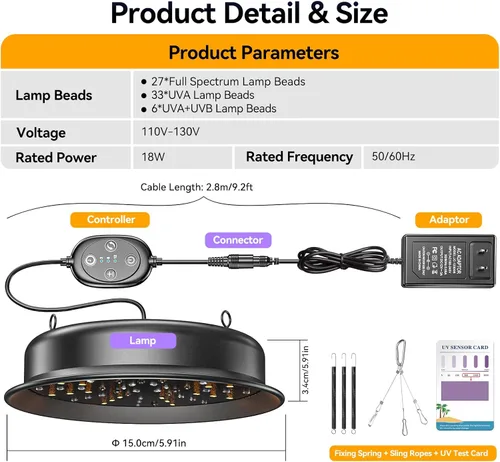 Miniatura 5 de Luz UVB para reptiles, lámpara de reptiles TFNN con temporizador de 3-6-12 ciclos y 3 brillos, lámpara UVA UVB de espectro completo para tortugas