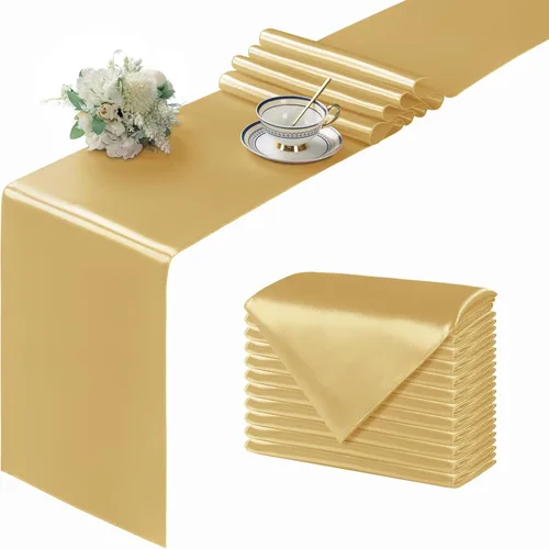 Miniatura 45 de Manyshofu 24 Piezas Caminos de Mesa de Satén Plateado – Tamaño Largo de 12 x 108 Pulgadas, Decoración de Camino de Mesa para Fiestas Brillante