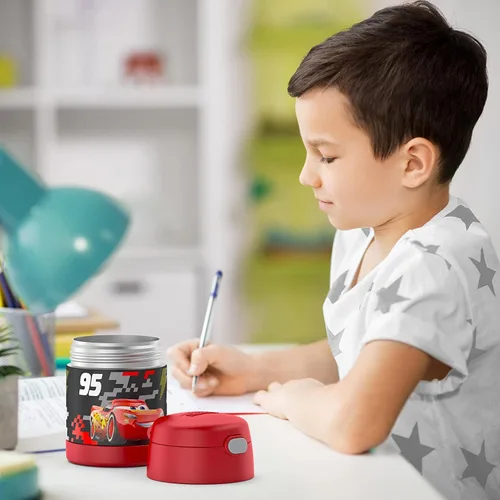 Miniatura 6 de Thermos Funtainer - Tarro de alimentos aislado de 10 onzas, apto para niños, con cuchara plegable, diseño de autos Coches