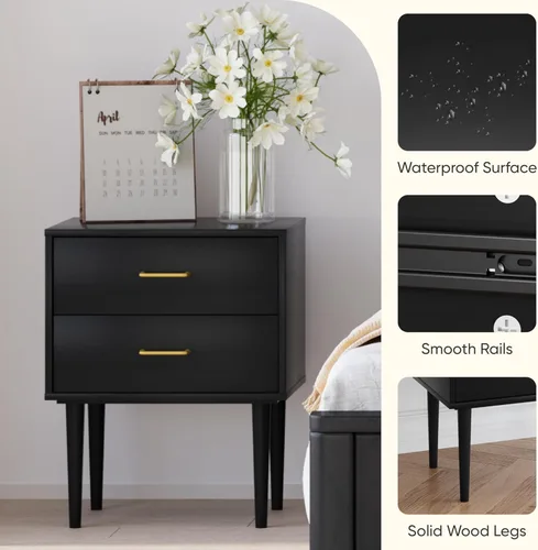 Miniatura 3 de Mesita de noche negra con 2 cajones, mesita de noche alta y moderna negra, mesitas de noche de madera para dormitorio, mesa auxiliar de cama, mesa