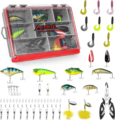 MadBite by KastKing 182/265/400pcs Compact Fishing Tackle Kit - All-in-One Freshwater Hooks, Weights, Bobbers in Tackle Box, Fishing Gear Set for