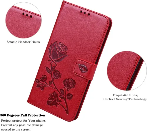 Miniatura 5 de Funda para Redmi Note 11 Note 11S, correa de muñeca con función atril de piel sintética, tarjetero para tarjetas de efectivo, funda protectora a Rojo