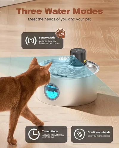 Miniatura 3 de Fuente de agua para gatos alimentada por baterías: fuente inalámbrica para gatos - Fuente de agua recargable para mascotas de acero inoxidable