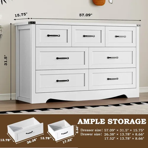 Miniatura 2 de BORNOON - Cómoda de 7 cajones para dormitorio, cómoda de madera moderna con manijas de metal, diseño antivuelco, organizador de almacenamiento Blanco
