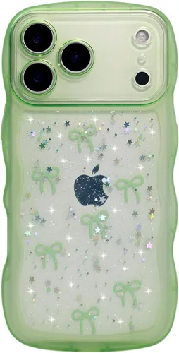 Miniatura 70 de Qokey Funda para iPhone 12 Pro Max de 6.7 pulgadas, diseño de onda rizada, borde transparente, brillante con purpurina, estrella brillante, bonita
