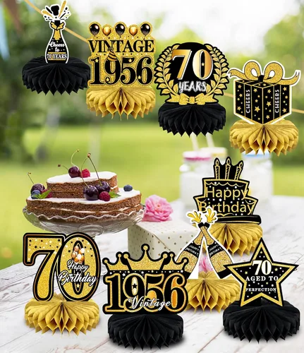 Miniatura 6 de 9 piezas de decoración de cumpleaños 70 para hombres y mujeres, centros de mesa de nido de abeja de feliz cumpleaños 70, decoración de mesa de 70