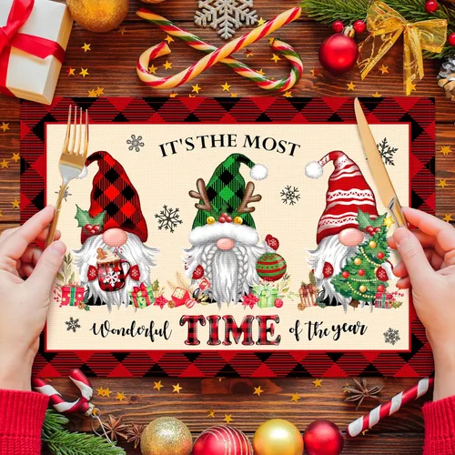 Miniatura 6 de Juego de 6 manteles individuales de Navidad, manteles de mesa a cuadros de búfalo para Navidad Feliz, tapete de cocina para mesa de comedor, tapete