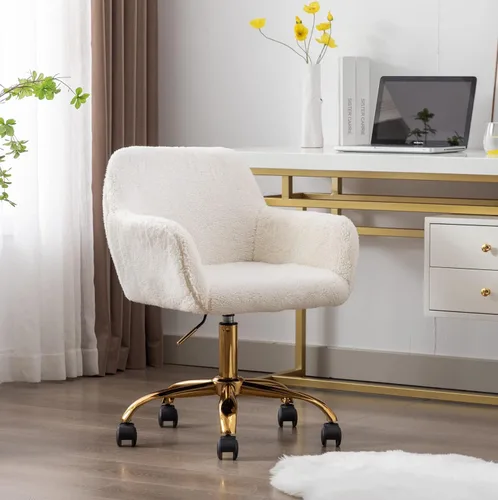 Miniatura 21 de Henf Silla de escritorio tapizada en piel sintética negra para maquillaje con base dorada, silla giratoria de oficina, silla de computadora