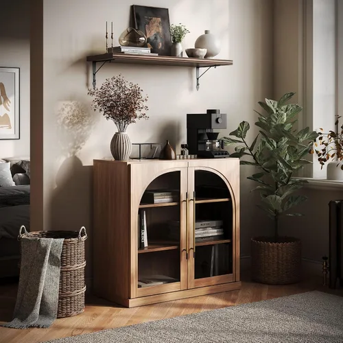 Miniatura 18 de BELLEZE Aparador Modular Acanalado Buffet con Almacenamiento, Mesa Consola Moderna de Mediados de Siglo con Puertas Arqueadas Simétricas, Elegante
