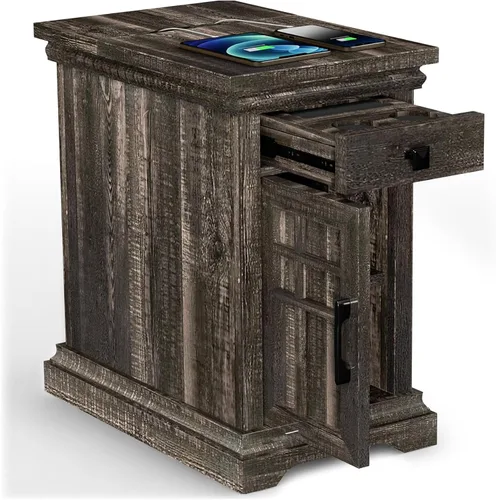 Mesa auxiliar de granja con estación de carga, mesita de noche de madera rústica con puertos USB y tomas, cajón de almacenamiento y gabinete, mesa