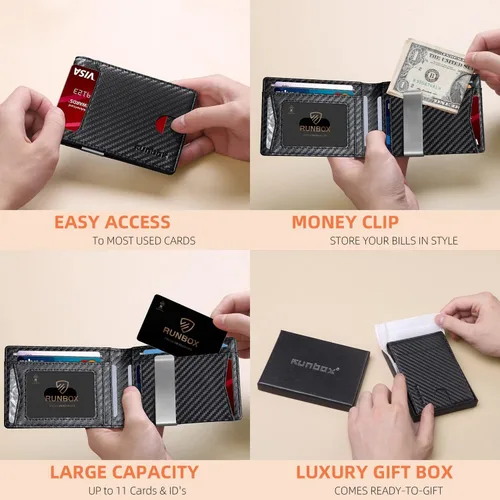 Miniatura 182 de RUNBOX - Carteras delgadas para hombre, cartera de piel con pinza para el dinero, cartera de bolsillo frontal con bloqueo RFID, tarjetero