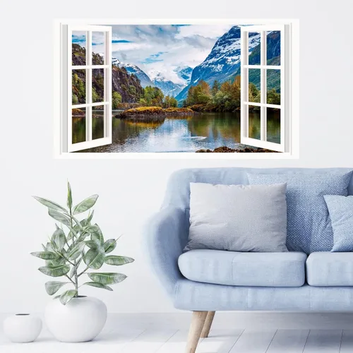 Miniatura 2 de Calcomanías de pared de paisaje, 3D, montaña, bosque, lago, calcomanías de pared extraíbles para ventana falsa, despegar y pegar, calcomanías