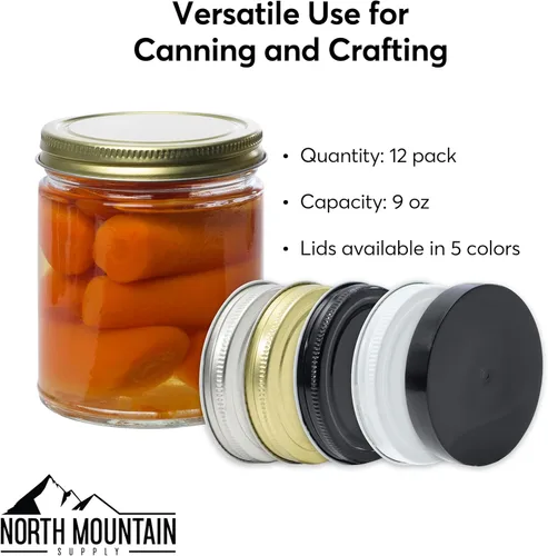 Miniatura 4 de North Mountain Supply Tarros de conservas de vidrio transparente de 9 onzas con tapas de plástico negro de 2.756 in, caja de 12