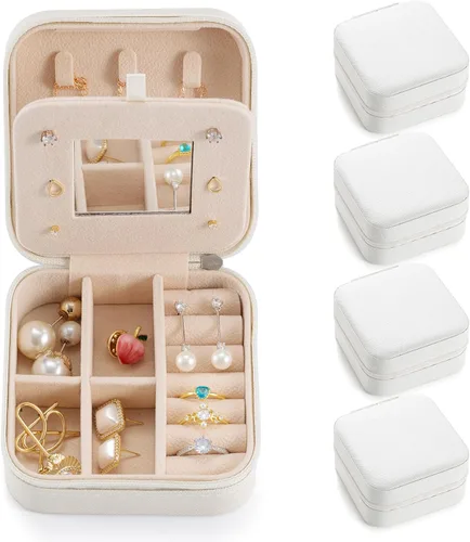 Paquete de 4 cajas blancas de joyería de viaje, caja de joyería portátil para llevar, organizador de joyas de viaje, soporte portátil de
