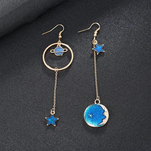 Miniatura 2 de SUNSCSC Aretes largos con forma de estrella con luna esmaltada para mujer y niña