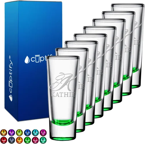 Miniatura 46 de Vaso de chupito personalizado con fondo verde azulado personalizado de 2 oz, vasos de chupito cordial con inicial en script dividido y nombre