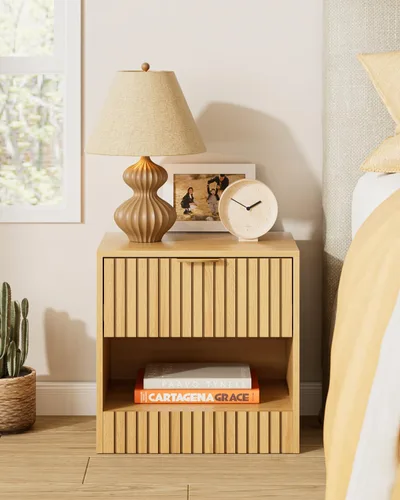 Mesita de noche pequeña, mesita de noche moderna, mesita de noche con cajón y estante abierto, diseño de cubo, mesa auxiliar pequeña para