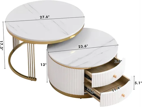 Miniatura 2 de Merax Moderno juego de mesa auxiliar redonda de 2 piezas con cajones de almacenamiento, patas de metal dorado, muebles de MDF que ahorran espacio