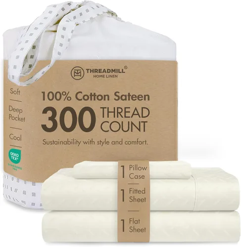 Miniatura 77 de Threadmill Sábanas 100% Algodón para Cama Tamaño King Juego de Sábanas de 4 Piezas para Cama King Suave, Transpirable y Ligero Satén de Damasco