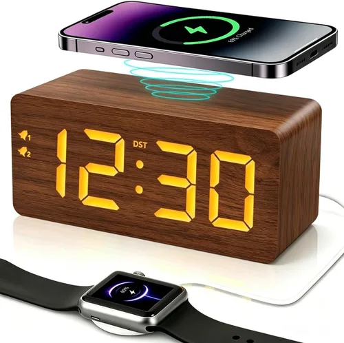 Miniatura 13 de URAYCO Reloj despertador digital de madera con cargador inalámbrico rápido de 10W, puertos de carga USB, DST, atenuable, modo repetición, pantalla