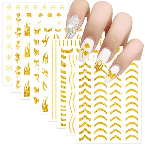 Miniatura 10 de 6 hojas de calcomanías de arte de uñas en relieve dorado 5D, marco geométrico irregular, diseño de calcomanías huecas para uñas, autoadhesivas