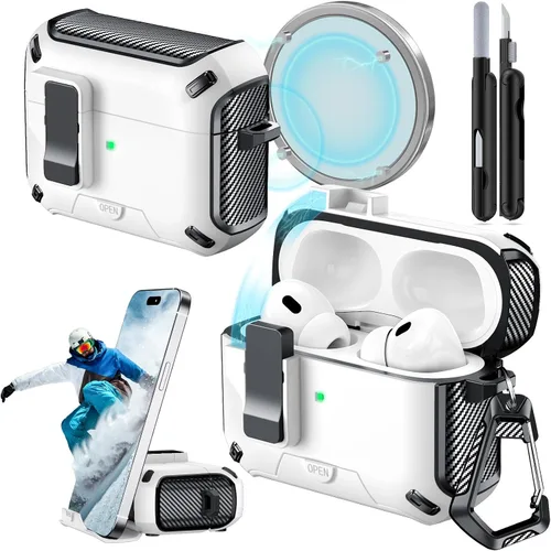 Miniatura 23 de Funda para AirPods Pro 2 (2023/2022/2019) con soporte para teléfono, (con interruptor a presión automático), diseño de fibra de carbono, cubierta