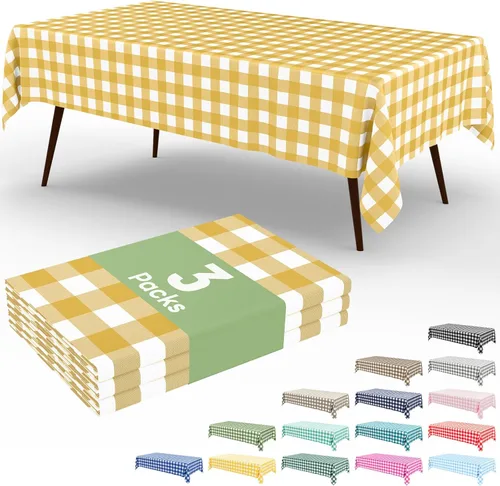Miniatura 95 de Smiry Paquete de 3 Manteles Desechables de Cuadros Gingham Color Caqui - 54" x 72" Mantel de Plástico de Servicio Pesado, Cubiertas de Mesa