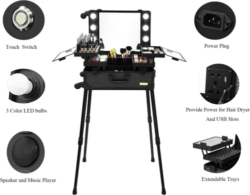 Miniatura 2 de Maletín de aluminio para maquillaje con luces LED, organizador profesional de cosméticos con altavoz, ruedas y soportes, estación de tocador