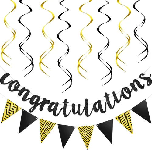 Outus Pancarta de felicitaciones con purpurina preencordada con 12 espirales colgantes para bodas, jubilaciones, graduaciones, aniversarios, Dorado