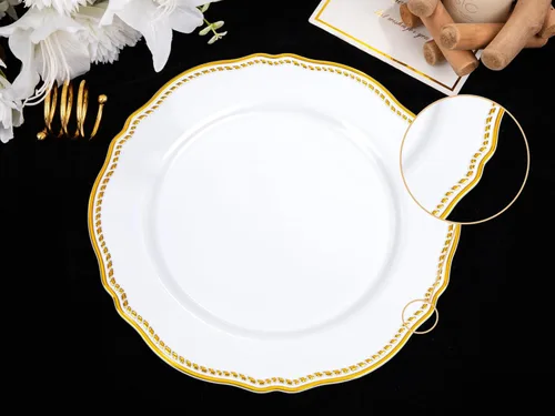 Miniatura 8 de Hioasis 60 piezas de platos de plástico dorados - Vajilla desechable blanca y dorada con borde dorado, resistente, 26 cm, platos para fiesta y boda