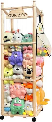 Pmbqifay Organizador de animales de peluche, lindo animal de peluche de madera para almacenamiento de zoológico, jaula de juguetes de peluche para