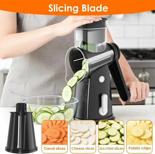 Miniatura 3 de MealHelper Rallador rotativo de queso de 5 cuchillas y picador de verduras con caja de almacenamiento y manivela, trituradora compacta para quesos