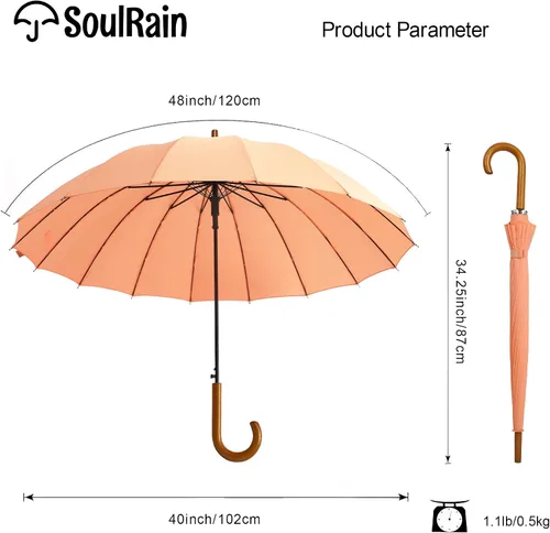 Miniatura 55 de SoulRain Paraguas de palo de 16 varillas de 48 pulgadas, apertura automática, color sólido, moderno y simple, mango de madera clásico de arco