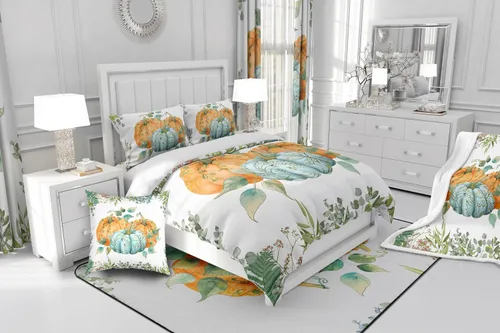 Miniatura 6 de Manfei Sábana bajera ajustable de calabaza otoñal, tamaño individual, juego de ropa de cama floral de hojas verdes, 2 piezas para decoración