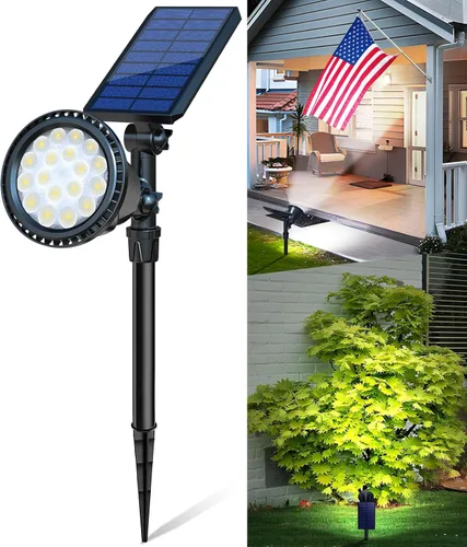Focos solares para exteriores, focos solares brillantes para paisaje, impermeables, 18 LED, 2 en 1, luz de bandera con energía solar, luces