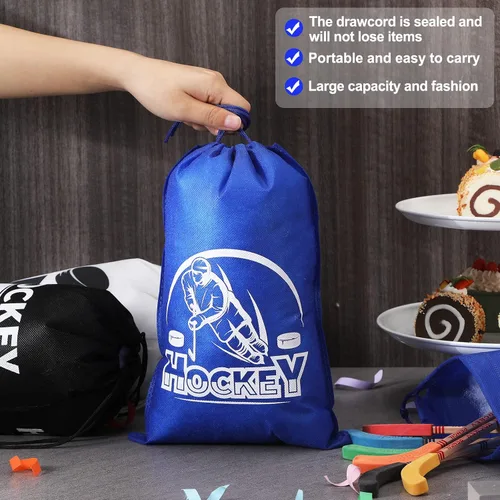 Miniatura 5 de Berlune 24 bolsas de regalo de hockey para fiestas de hockey, bolsas deportivas con cordón para temática deportiva, fiesta de cumpleaños, baby
