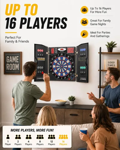 Miniatura 4 de WIN.MAX Electronic Dart Board, Soft Tip Dartboard Cabinet Set for Adults, LED Scoring Dartboard with 38 Games & 211 Variants, Up to 16 Players, 12