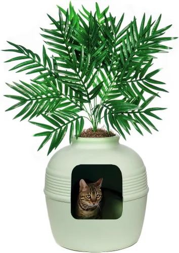 Miniatura 31 de Good Pet Stuff Caja de arena oculta para gatos con planta artificial, maceta redonda decorativa, filtro de carbón con ventilación para control
