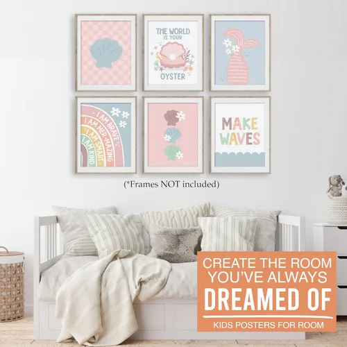 Miniatura 9 de Hadley Designs 6 decoraciones de sirena para habitación de niñas, arte de pared de sirena para dormitorio y baño, impresiones sin marco bajo el mar