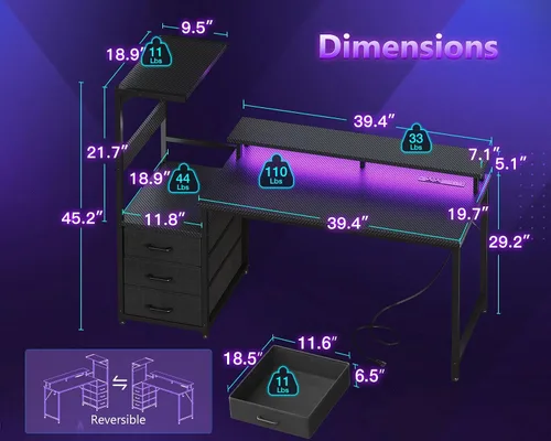 Miniatura 3 de Casaottima - Escritorio de 52 pulgadas para juegos con puertos de carga USB y luz LED - Escritorio reversible para computadora con 3 cajones