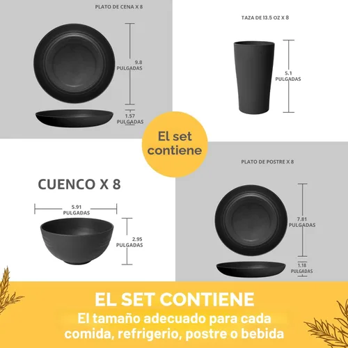 Miniatura 2 de Teivio - Juego de vajilla de paja de trigo de 32 piezas para cocina, juego de platos de plástico irrompible, servicio para 8, juego moderno de Negro