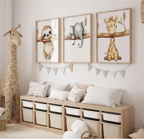Miniatura 5 de Decoración artística de pared de animales para guardería, imágenes de la habitación del bebé, safari de la selva, lienzo para decoración de pared