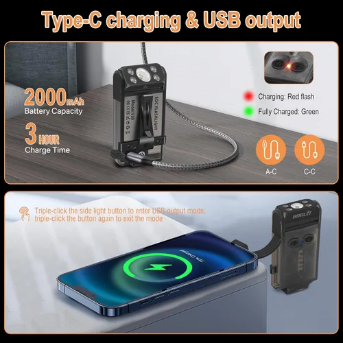 Miniatura 5 de BORUIT V30 linterna LED pequeña y potente EDC con luz roja y UV de 365nm, rotación de 180°, linterna plana de bolsillo y llavero recargable USB