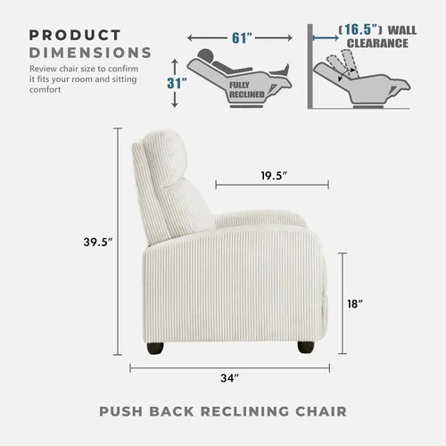 Miniatura 5 de Lexicon Sillón Reclinable de Pana con Respaldo Abatible, Silla de Brazo Reclinable con Respaldo de Empuje, Marco de Madera Maciza y Base de Metal