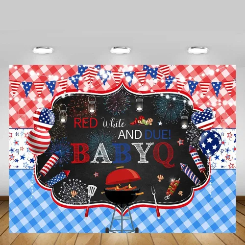 Miniatura 5 de MEHOFOND Telón de fondo con temática de barbacoa rojo blanco y debido para niño y niña, 4 de julio, baby shower, pequeño petardo, Babyq, Día