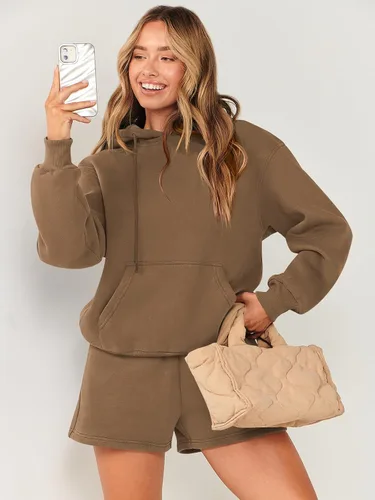 Miniatura 9 de ANRABESS Conjunto deportivo de 2 piezas para mujer, sudadera con capucha de gran tamaño, conjunto de sudadera corta a juego