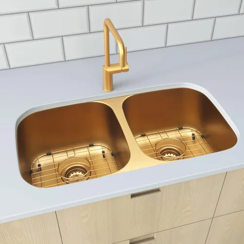 Miniatura 5 de LQS Fregadero de cocina dorado de 32 x 18 pulgadas, fregaderos de cocina empotrados, fregaderos de acero inoxidable de doble tazón 50/50
