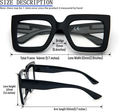 Miniatura 6 de Paquete de 3 lentes de lectura de marco grueso de gran tamaño para mujer, elegantes anteojos cuadrados grandes que bloquean la luz azul