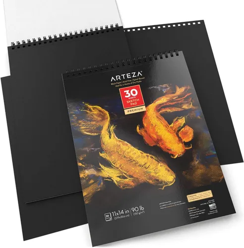 Miniatura 3 de ARTEZA Cuaderno de bocetos en espiral de 11 x 14 pulgadas, bloc de dibujo de papel de arte negro, paquete de 2 unidades de 30 hojas para dibujar